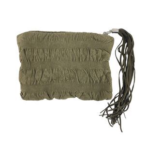 Jenny Bird Clutch Handbag Green Suede Leather Ruched Tassel Zip Pouch